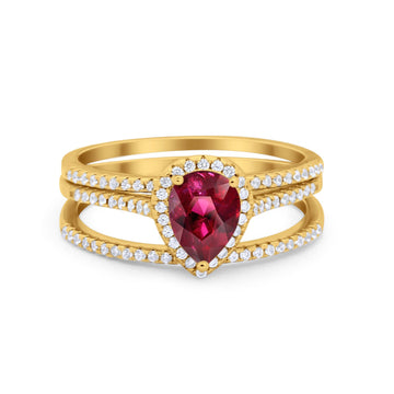 Teardrop Pear Wedding Three Piece Ring Yellow Tone, Simulated Ruby CZ 925 Sterling Silver